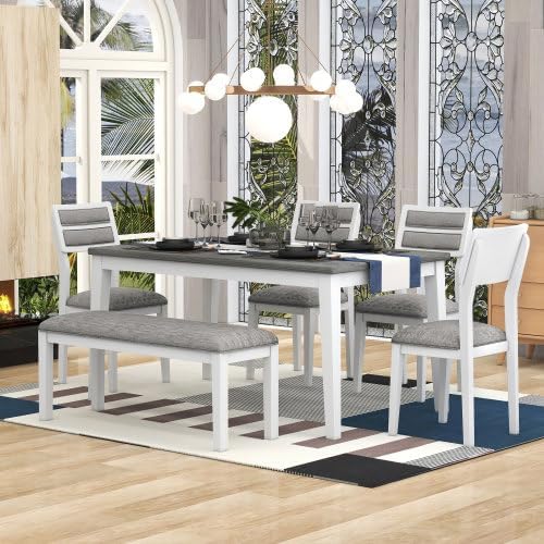 SogesHome Classic 6-Piece Dining Table Set, Rectangular Wooden Kitchen Table with Upholstered Chairs & Bench for Dining Room, Traditional Retro Farmhouse Dining Table for Kitchen, White+Grey