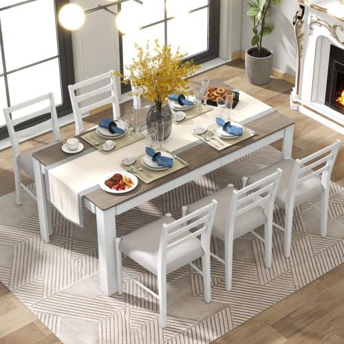 SogesHome 7-Piece Dining Table Set for 6-8 People, Extendable Solid Rubber Wood Kitchen Table with Leaf & 2 Storage Drawers, Chairs with Soft Cushion, Perfect for Kitchen, Dining Room (Brown + White)