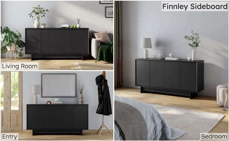 Prepac Finnley 61.5" Wide Sideboard Cabinet, Wood Entryway Sideboard with 2 Adjustable Shelves, Dining Room Buffet with 4 Doors, Living Room Accent Cabinet for Storage and Decorations, Black Oak