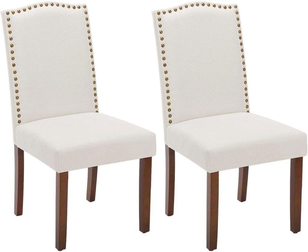 Kitchen Chairs Set of 2 Modern Upholstered Fabric Seat with Nailhead Trim and Ergonomic Lumbar Support for Living Room and Rustic Farmhouse Dining Area, Beige