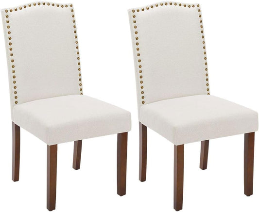 Kitchen Chairs Set of 2 Modern Upholstered Fabric Seat with Nailhead Trim and Ergonomic Lumbar Support for Living Room and Rustic Farmhouse Dining Area, Beige