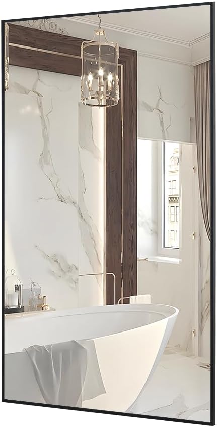 Bathroom Mirror 26"x38" Wall Rectangle Mirror Black Vanity Square Frosted Metal Frame Anti-Rust Tempered Glass Hangs Mirror for Bathroom Bedroom Entryway Living Room Decorative