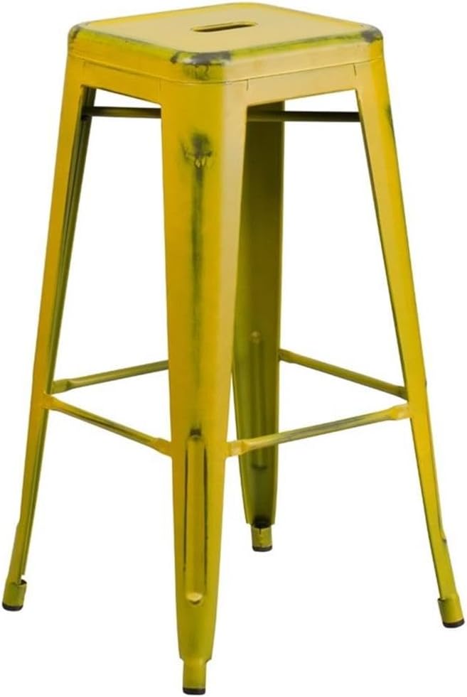 Flash Furniture Kai Commercial Grade 30" High Backless Distressed Yellow Metal Indoor-Outdoor Barstool
