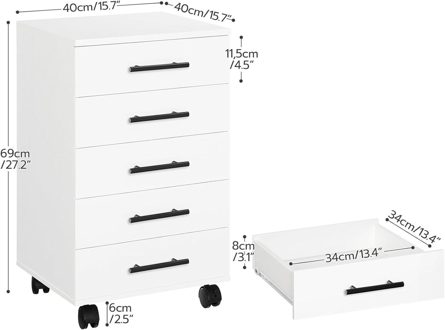 HOOBRO 5-Drawer File Cabinet, Office Filing Cabinet with Drawers, Wooden Mobile Storage Cabinet with Wheels, for Makeup, Home Office, Easy Assembly, White WT05WJ01G1