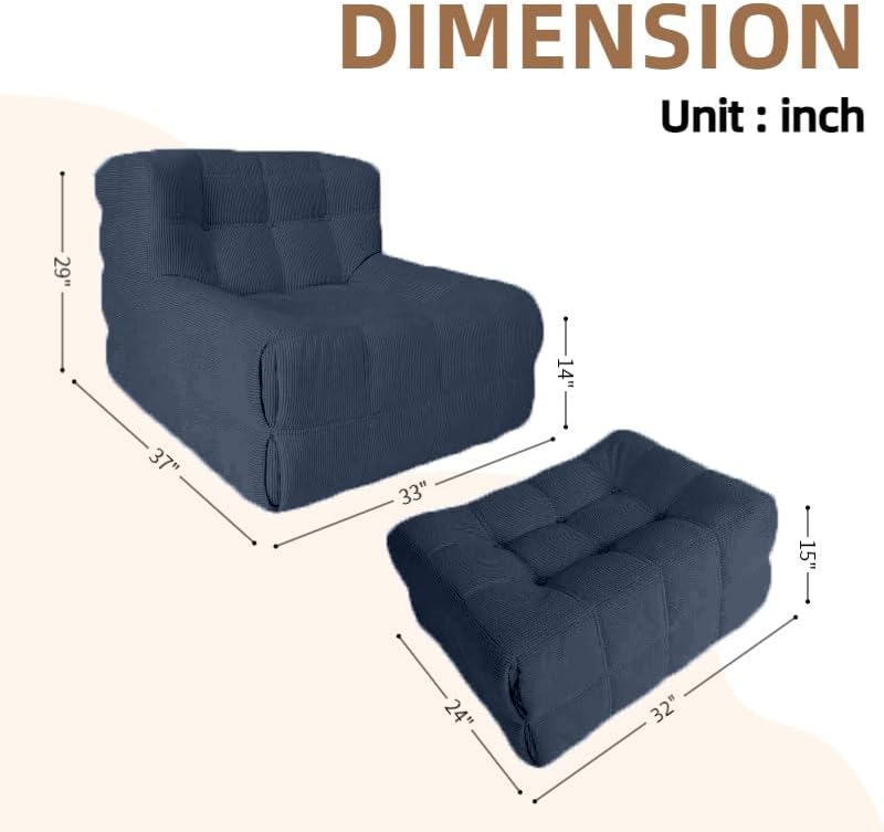 Bean Bag Chair - Memory Foam Bean Bag Chair for Adults, Comfy High-Resilience Single Sofa, Small Space Floor Chair, Chaise Lounge for Living Room, Bedroom (Dark Blue, Square + Ottoman)