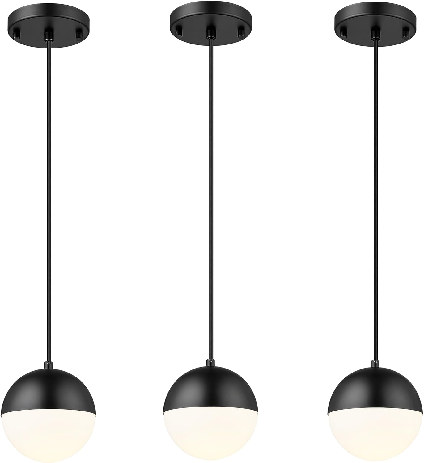LMS Mid Century Pendant Lights, Matte Black Kitchen Island Light Fixtures with White Globe Glass Shade, Adjustable Hanging Cord, 3 Pack for Home Office Dining Room Bathroom, LMS-186PL-BKWS3PK