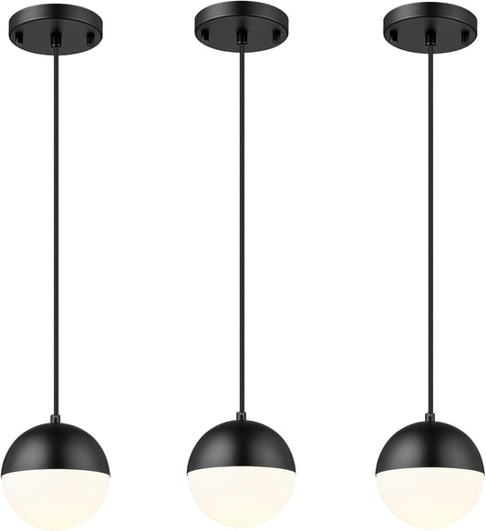 LMS Mid Century Pendant Lights, Matte Black Kitchen Island Light Fixtures with White Globe Glass Shade, Adjustable Hanging Cord, 3 Pack for Home Office Dining Room Bathroom, LMS-186PL-BKWS3PK