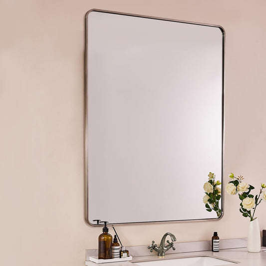 ANDY STAR 48x36 Inch Brushed Nickel Bathroom Mirror, Rounded Rectangle Bathroom Vanity Mirrors for Wall, Anti-Rust SUS304, Seamless Tube Metal Frame, 1’’ Deep Wall Mounted Vertically/Horizontal