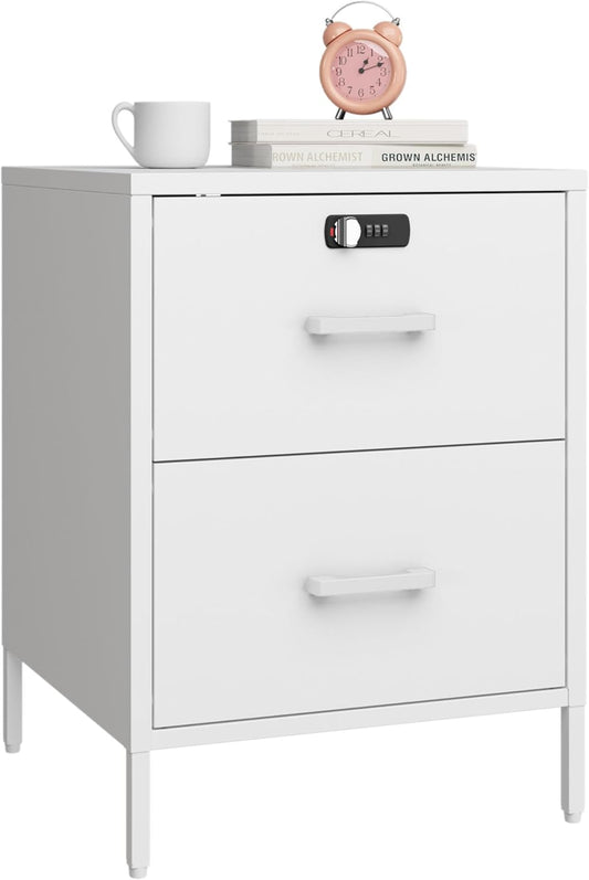 Nightstand,2 Drawer Metal Locker End Table Lockable Bedside Table Storage Cabinet for Bedroom, Dorm, 21.26”H X 15.75”W X 15.75”D (2 Drawer, White)