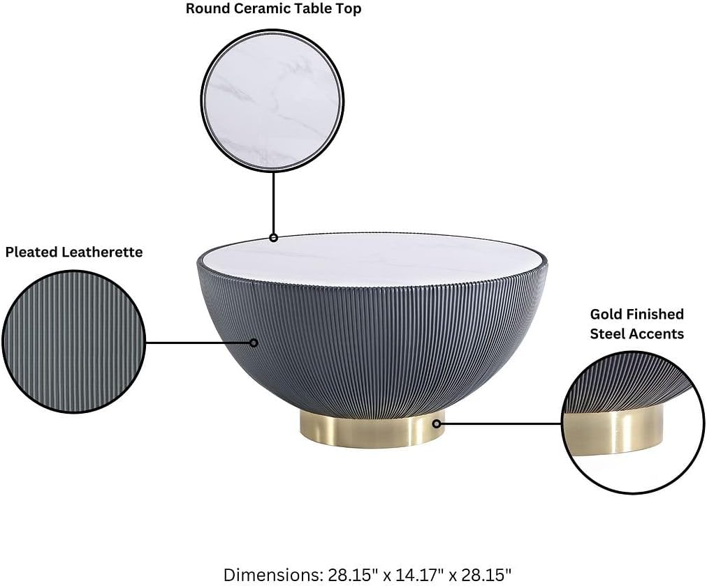 Manhattan Comfort Anderson Modern 28.15" Round Coffee Table 2.0 - Ceramic Marble Tabletop, Elegant Pleated Leatherette Details & Gold Base, Fully Assembled Accent Furniture, Set of 1, Grey