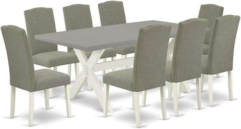 East West Furniture X097EN206-9 9 Piece Kitchen Table Set Includes a Rectangle Dining Table with X-Legs and 8 Dark Shitake Linen Fabric Parson Dining Chairs, 40x72 Inch, Multi-Color