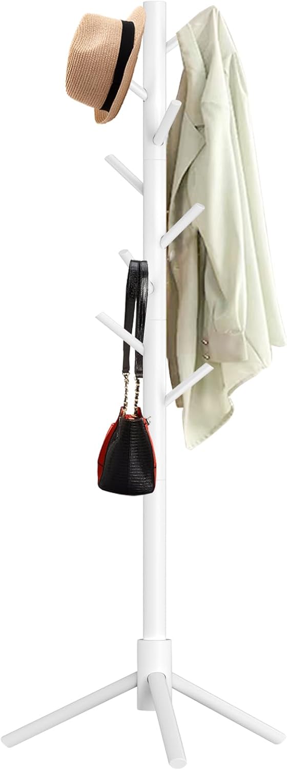 Wooden Coat Rack Stand, Freestanding Coat Rack with 8 Hooks, 3 Adjustable Size Coat Tree for Hats, Coats, Scarves bags, Coat Hanger Stand Used in Bedroom/Office/Entryway （White）