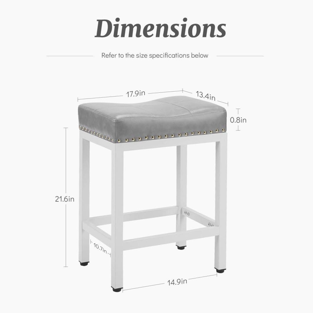 Counter Stools Set of 2 Upholstered Counter Height Bar Stools with Padded Seats and Metal Base, Leather Saddle Stool for Modern Kitchen Island, 22.4-Inch, Grey
