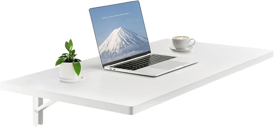 VEVOR Wall Mounted Folding Table, 39.4 x 19.7 inches Wall Mount Table, Floating Desk with Iron Bracket for Small Spaces, Home Office, Dining, Laundry Room, Kitchen, Bar, White