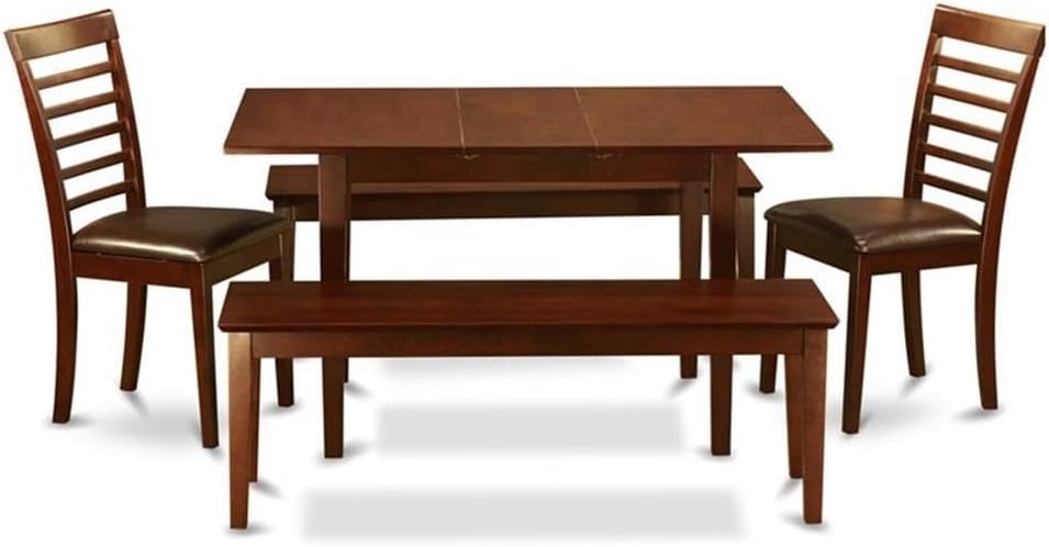 East West Furniture NOML5C-MAH-LC 5 Piece Dining Table Set Includes a Rectangle Dining Room Table with Butterfly Leaf and 2 Faux Leather Upholstered Chairs with 2 Benches, 32x54 Inch, Mahogany