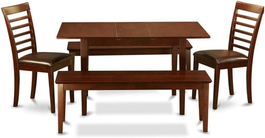 East West Furniture NOML5C-MAH-LC 5 Piece Dining Table Set Includes a Rectangle Dining Room Table with Butterfly Leaf and 2 Faux Leather Upholstered Chairs with 2 Benches, 32x54 Inch, Mahogany