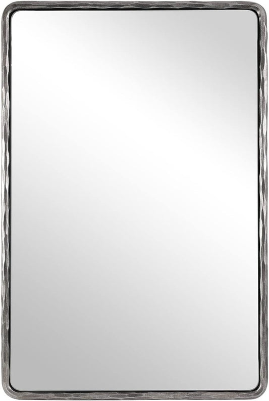 ANDY STAR Hand-Forged Silver Bathroom Mirror for Wall, 24x36 Inch Vintage Solid Steel Metal Frame Bathroom Vanity Mirror, Antique Rounded Rectangle Wall Mirror, Hangs Horizontally or Vertically
