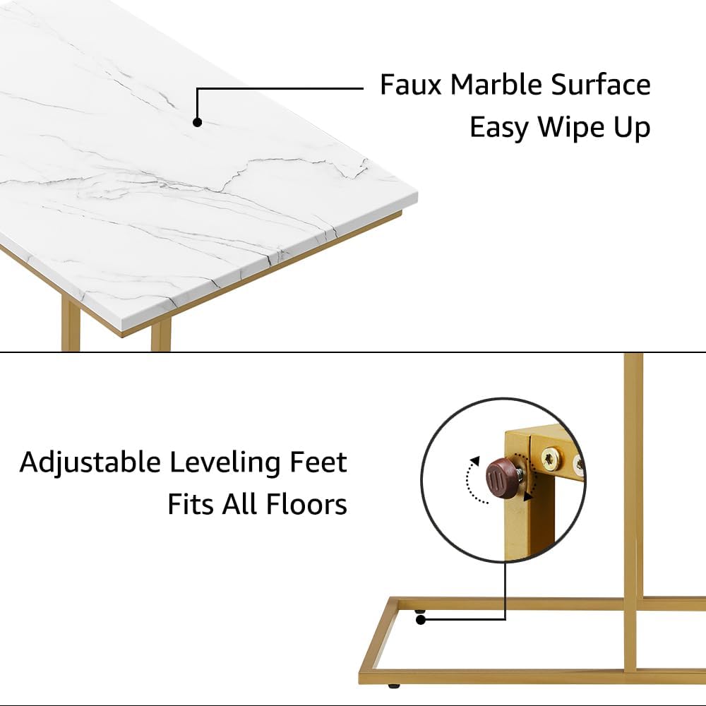 Large Size C Shaped Side Table End Table for Couch, Gold Side End Table with White Faux Marble Top, Modern Living Room Tray Table