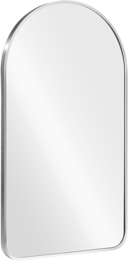 Navaris Arched Wall Mirror - Silver Arch Framed Mirror - 17.7x31.5 Wall-Mounted Mirror with Silver Aluminum Alloy Frame for Living Room Bathroom Hall