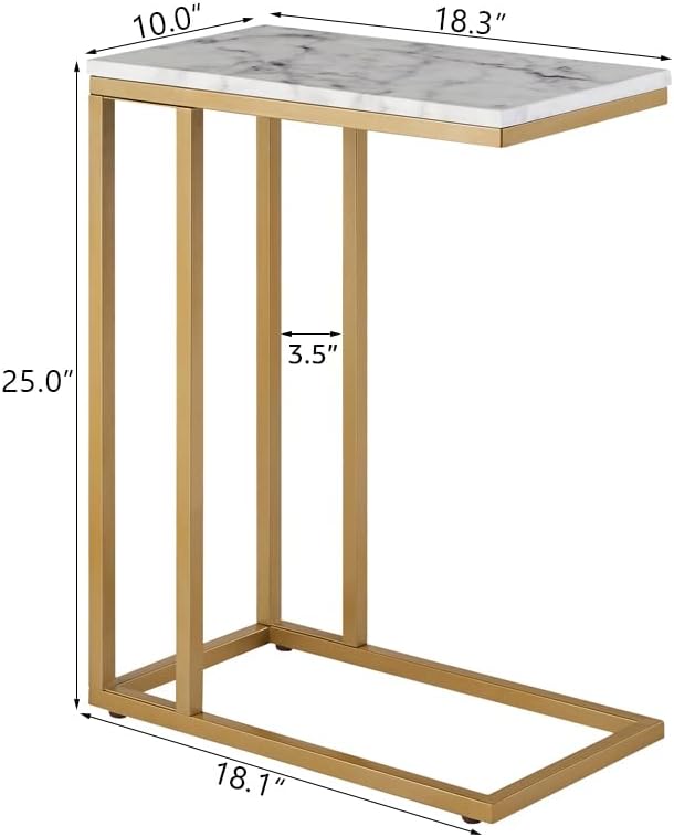 C-Shape Side End Table, Faux Marble Tray Snack Table with Metal Frame, Laptop Coffee Holder, Modern Furniture (Gold,1pcs)