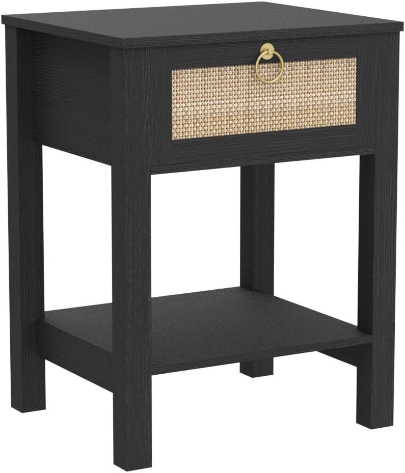 SICOTAS Rattan Nightstand Set of 2, Rattan Decor Drawer with Brass Knobs Night Stand Bedside Table Boho End Tables Side Tables with Storage Shelf for Bedroom,Small Space