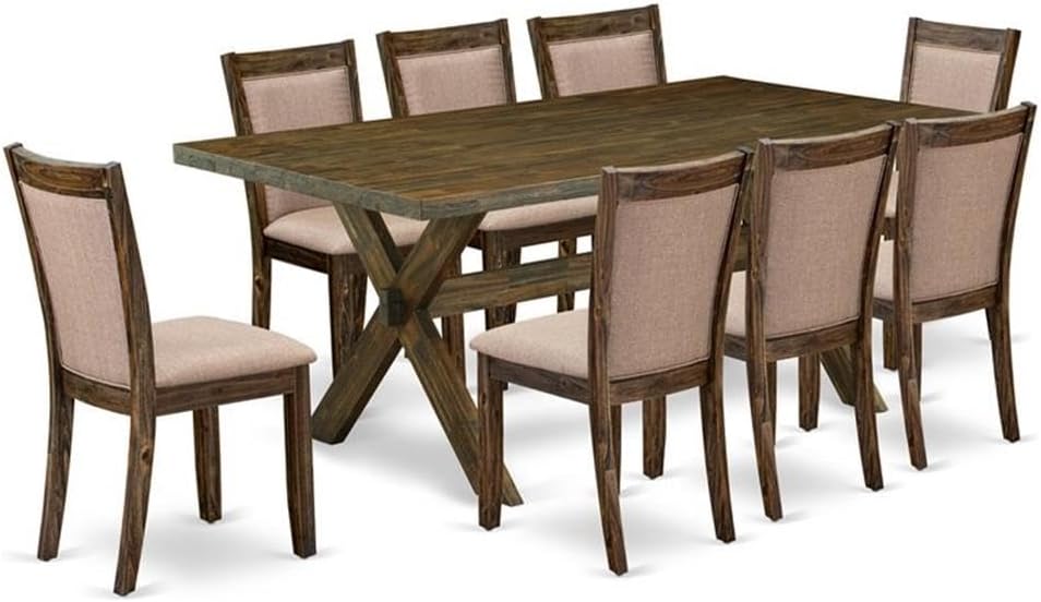 East West Furniture X777MZ716-9 9 Piece Dining Room Set Includes a Rectangle Dining Table with X-Legs and 8 Dark Khaki Linen Fabric Upholstered Chairs, 40x72 Inch, Multi-Color