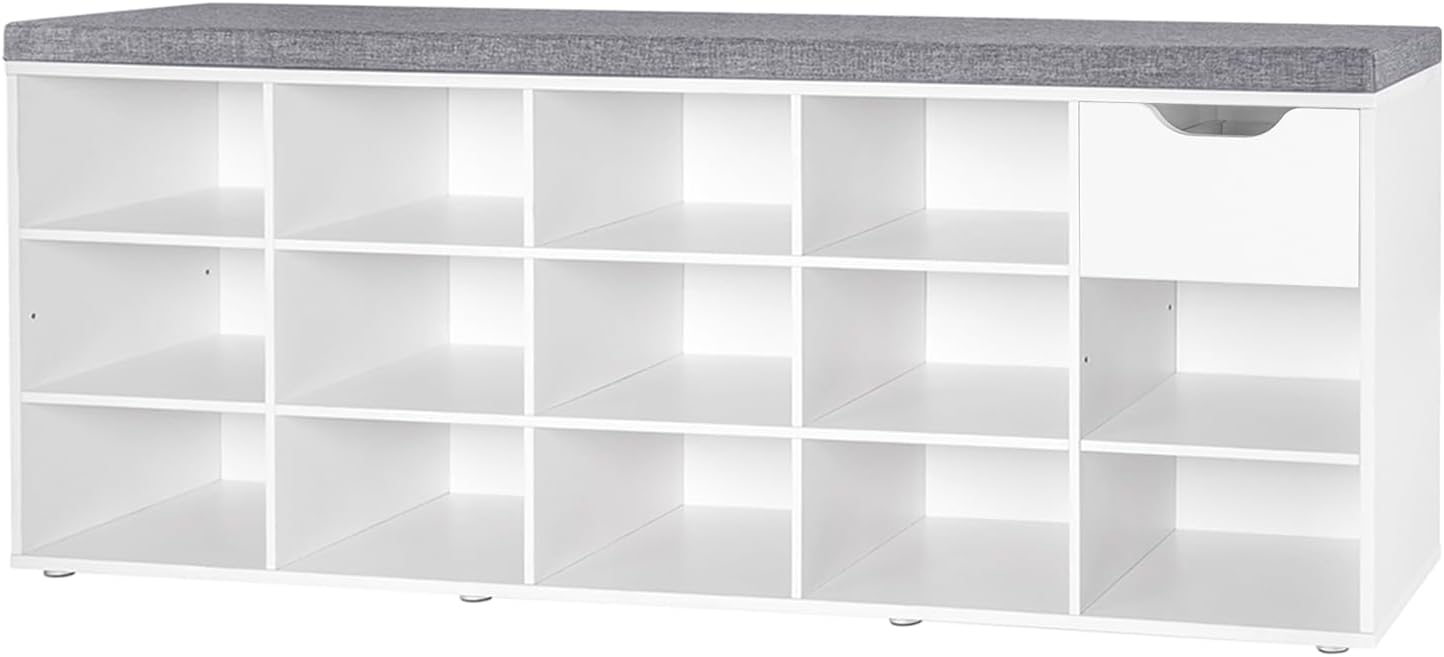 DINZI LVJ Shoe Bench, Entryway Storage Bench with Drawer and 14 Cubbies, Long Cubby Shoe Rack with Adjustable Shelves, Organizer for Living Room, Bedroom, Mudroom, Garage, White