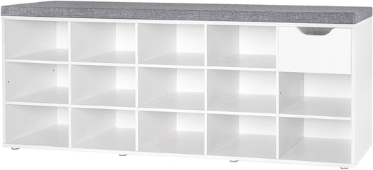 DINZI LVJ Shoe Bench, Entryway Storage Bench with Drawer and 14 Cubbies, Long Cubby Shoe Rack with Adjustable Shelves, Organizer for Living Room, Bedroom, Mudroom, Garage, White