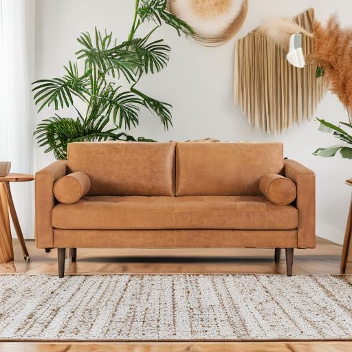 Poly & Bark Napa Leather Couch - 72 Inch Apartment Sofa with 2 Bolsters - Full-Grain Leather Sofa for Living Room with Feather-Down Topper - Living Room Couch - Vintage Italian Leather in Cognac Tan