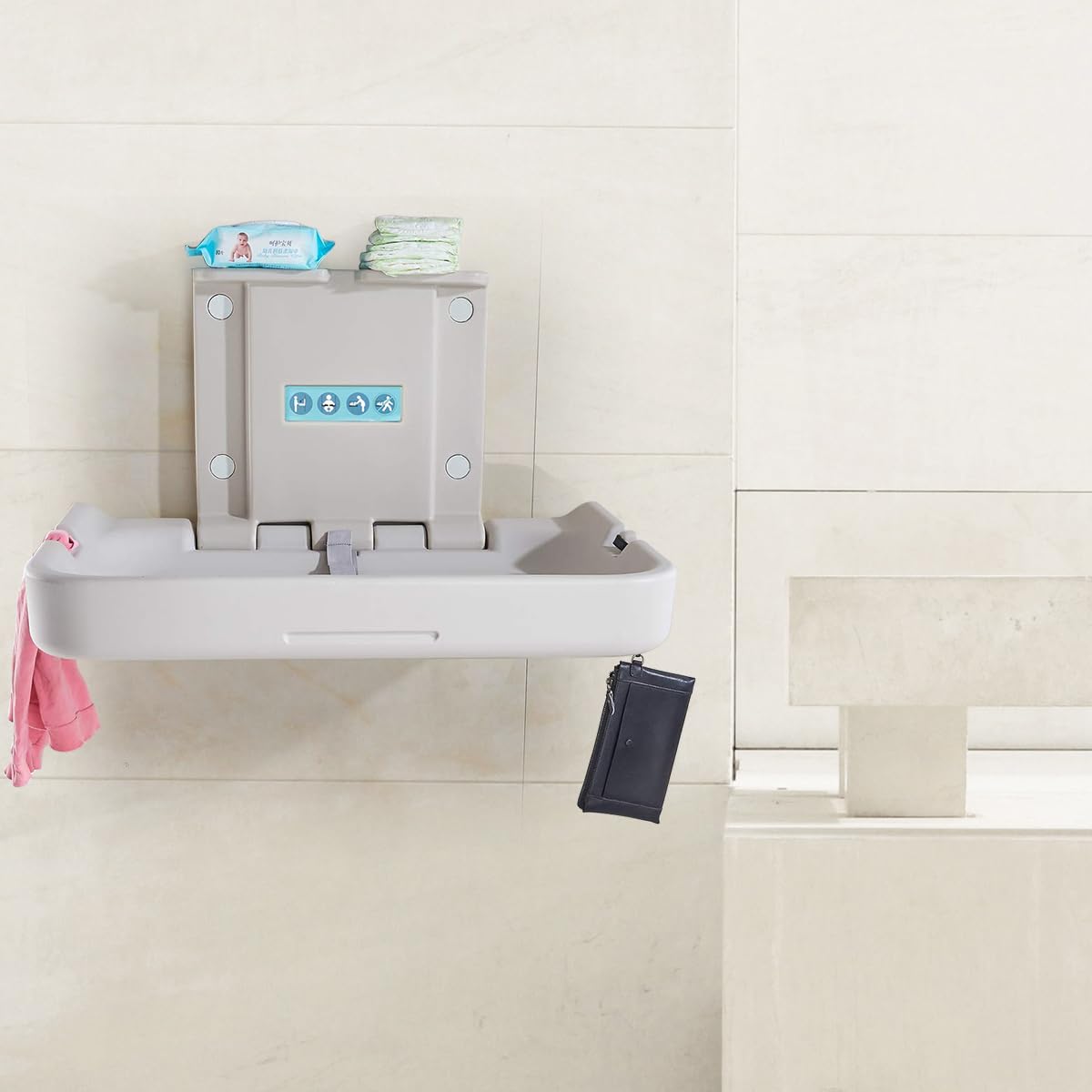 Fold Down Baby Changing Station Wall Mount Horizontal Baby Change Table with Safety Straps for Commercial Restrooms (2 White Granite)