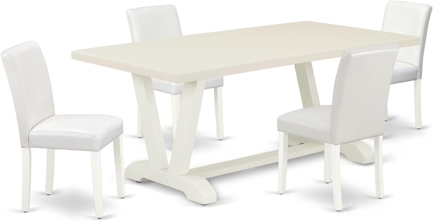 East West Furniture V027AB264-5 5 Piece Dinette Set Includes a Rectangle Dining Room Table with V-Legs and 4 White Faux Leather Upholstered Parson Chairs, 40x72 Inch, Multi-Color