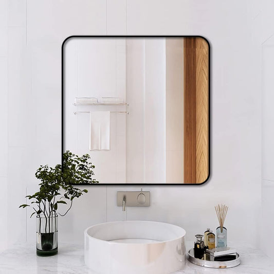 30"x30" Bathroom Wall Mirror with Matte Black Metal Frame & HD Glass, Copper-Free Mirrors Modern Rectangle Round Corner Framed Vanity Mirror - Horizontal or Vertical Installation