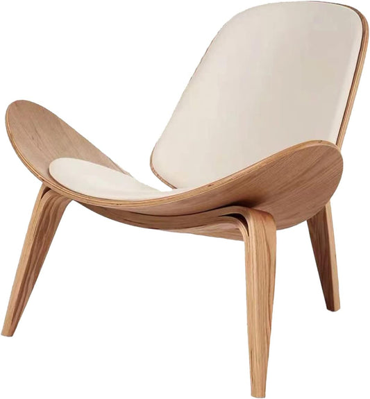 Hans Wegner Style Three- Legged Shell Chair Ash Plywood White Faux Leather Accent Chair Living Room Furniture Mid-Century Modern Shell Chair (Wood Color-White)