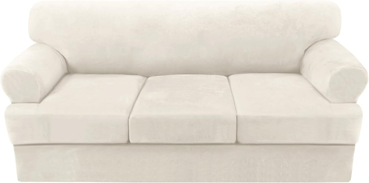 H.VERSAILTEX Sofa Cover 4 Piece T Cushion Sofa Slipcovers Couch Cover Furniture Protector Stretch T Cushion Sofa Covers for 3 Cushion Couch with 3 Individual T Cushion Covers, Ivory