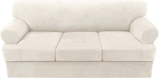 H.VERSAILTEX Sofa Cover 4 Piece T Cushion Sofa Slipcovers Couch Cover Furniture Protector Stretch T Cushion Sofa Covers for 3 Cushion Couch with 3 Individual T Cushion Covers, Ivory