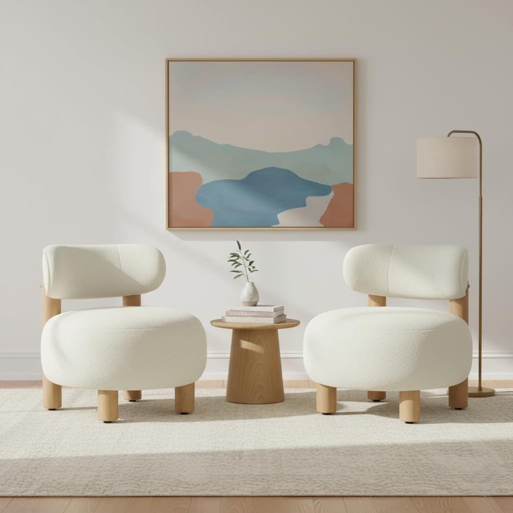 Modern Boucle Accent Chair Set of 2, with Plush Faux Sherpa Upholstery, Curved Backrest, Solid Wood Legs for Living Room Bedroom Reading Nook, 27.5", White