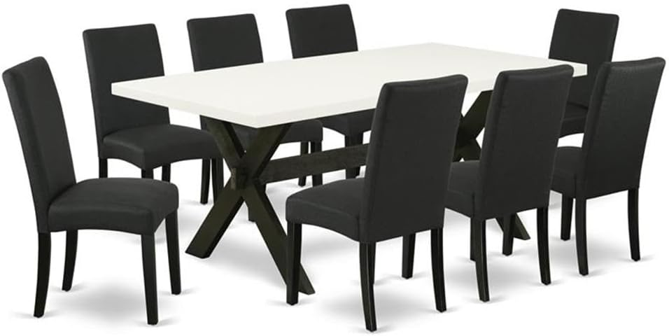 East West Furniture X627DR124-9 9 Piece Modern Dining Table Set Includes a Rectangle Wooden Table with X-Legs and 8 Black Color Linen Fabric Parsons Dining Chairs, 40x72 Inch, Multi-Color