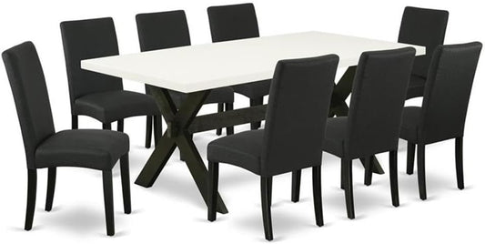 East West Furniture X627DR124-9 9 Piece Modern Dining Table Set Includes a Rectangle Wooden Table with X-Legs and 8 Black Color Linen Fabric Parsons Dining Chairs, 40x72 Inch, Multi-Color