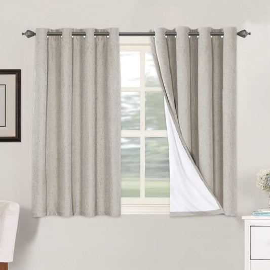 H.VERSAILTEX Linen Blackout Curtains 45 Inches Long 100% Absolutely Blackout Thermal Insulated Textured Linen Look Curtain Draperies Anti-Rust Grommet, Energy Saving with White Liner, 2 Panels, Stone