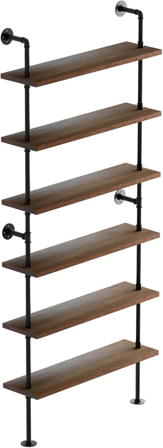 Pipe Industrial Shelves, Wall Mounted Wood Metal Ladder Rustic Bookshelf (Walnut Color, 6 Tier - 10" D x 30" W x 82.5" H)