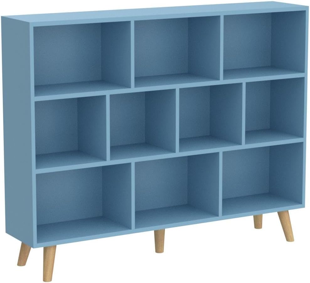 IOTXY Wooden Open Shelf Bookcase - 3-Tier Floor Standing Display Cabinet Rack with Legs, 10 Cubes Bookshelf, Bright Blue