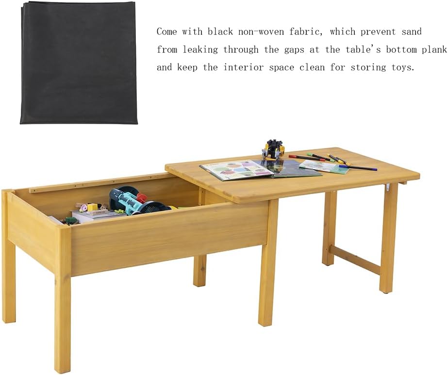 BIRASIL Wooden Kids Sensory Tables with Folding Lid, Activity Table for Children, Elevated Play Tables with Storage for Indoor Outdoor, Yellow