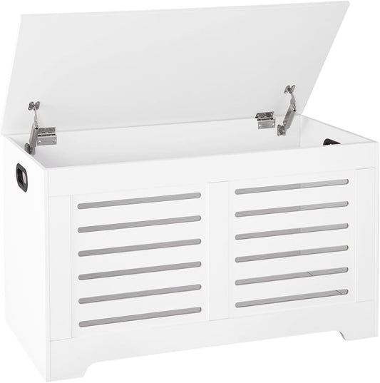 DINZI LVJ Storage Chest, Flip-top Wooden Toy Box Organizer with 2 Safety Hinges, Entryway Shoe Bench, Good Ventilation, Storage Bench for Living Room, Bedroom, Easy Assembly, White