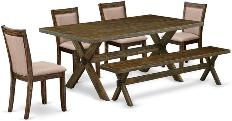 East West Furniture X777MZ716-6 6 Piece Dining Table Set Contains a Rectangle Dining Room Table with X-Legs and 4 Dark Khaki Linen Fabric Parson Chairs with a Bench, 40x72 Inch, Multi-Color