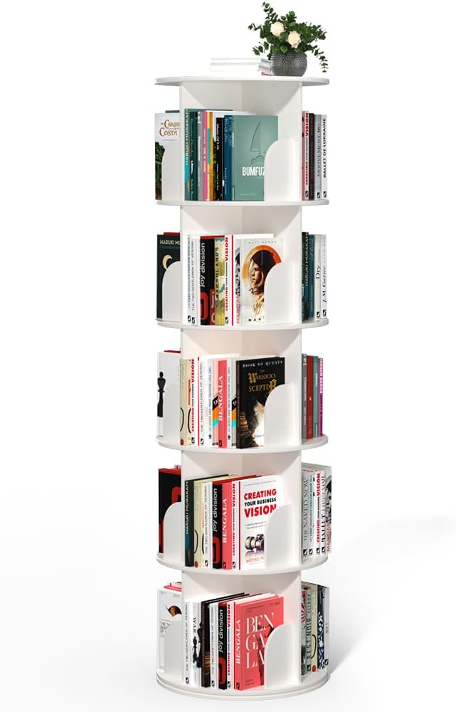 Nidouillet Rotating Bookshelf Tower, 5 Tier Spinning Bookcase Lazy Susan, Revolving 360 Book Shelf Storage Round Organizer, Vertical Rotate Turning Corner Book Case for Small Space, White