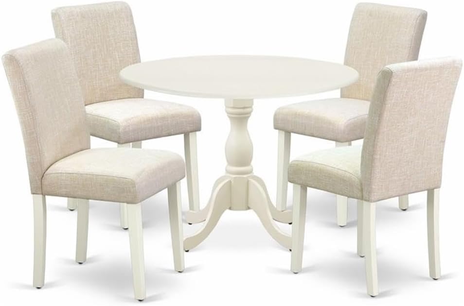 East West Furniture DMAB5-LWH-02 5 Piece Dining Table Set for 4 Includes a Round Kitchen Table with Dropleaf and 4 Light Beige Linen Fabric Parson Dining Chairs, 42x42 Inch, Linen White