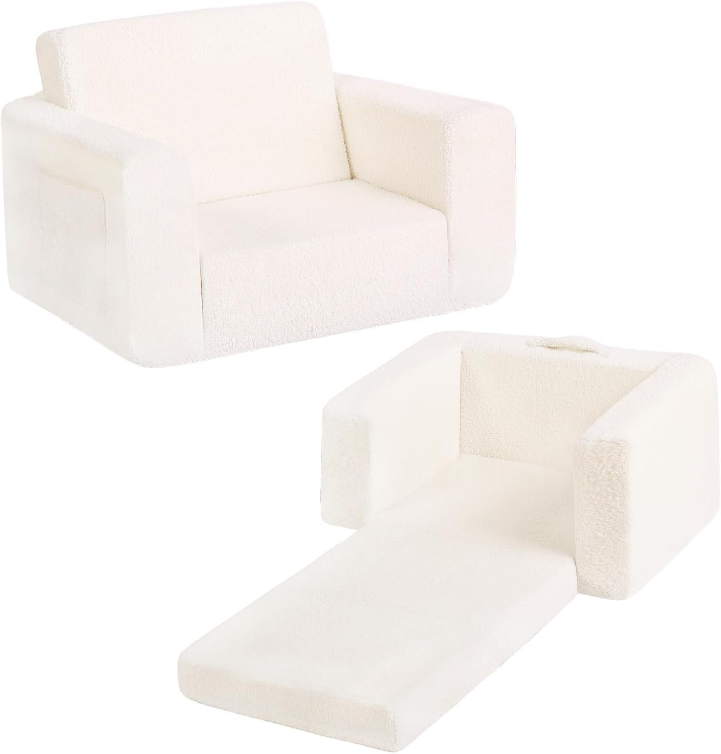 Welnow Toddler Chair, 2-in-1 Soft Sherpa Kids Sofa, Convertible Toddler Couch Lounger, Flip Out Kids Couch Chair with Side Pockets & Removable Cover for Girls and Boys, Beige