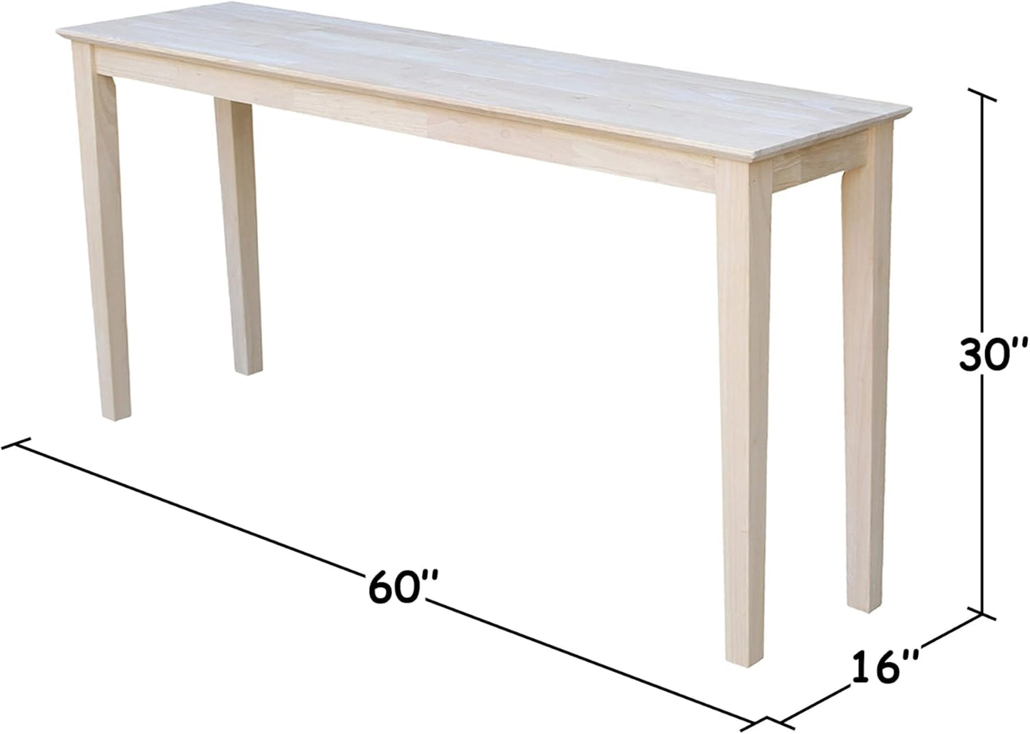 IC International Concepts Extended Length Shaker Console Table, 60" W x 16" D x 30" H Real/Solid Parawood, Kitchen/Dining, 50 Lbs. Wt. Capacity, DIY, Paint/Stain In Any Color, Unfinished