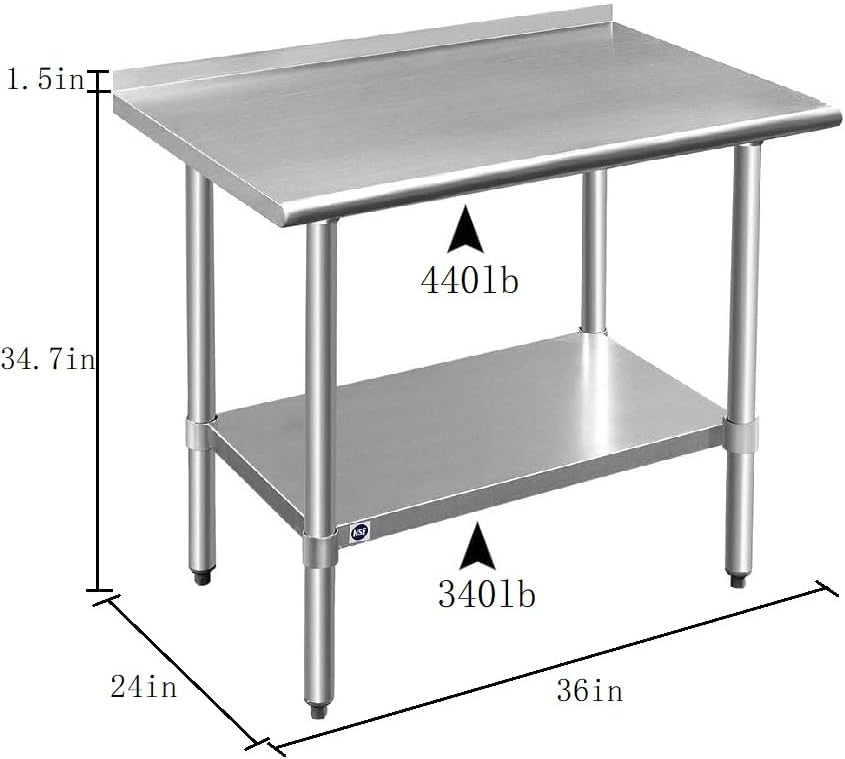 ROCKPOINT Stainless Steel Table for Prep & Work with Backsplash 24x36 Inches, NSF Metal Commercial Kitchen Heavy Duty Table with Adjustable Under Shelf and Table Foot for Restaurant, Home and Hotel