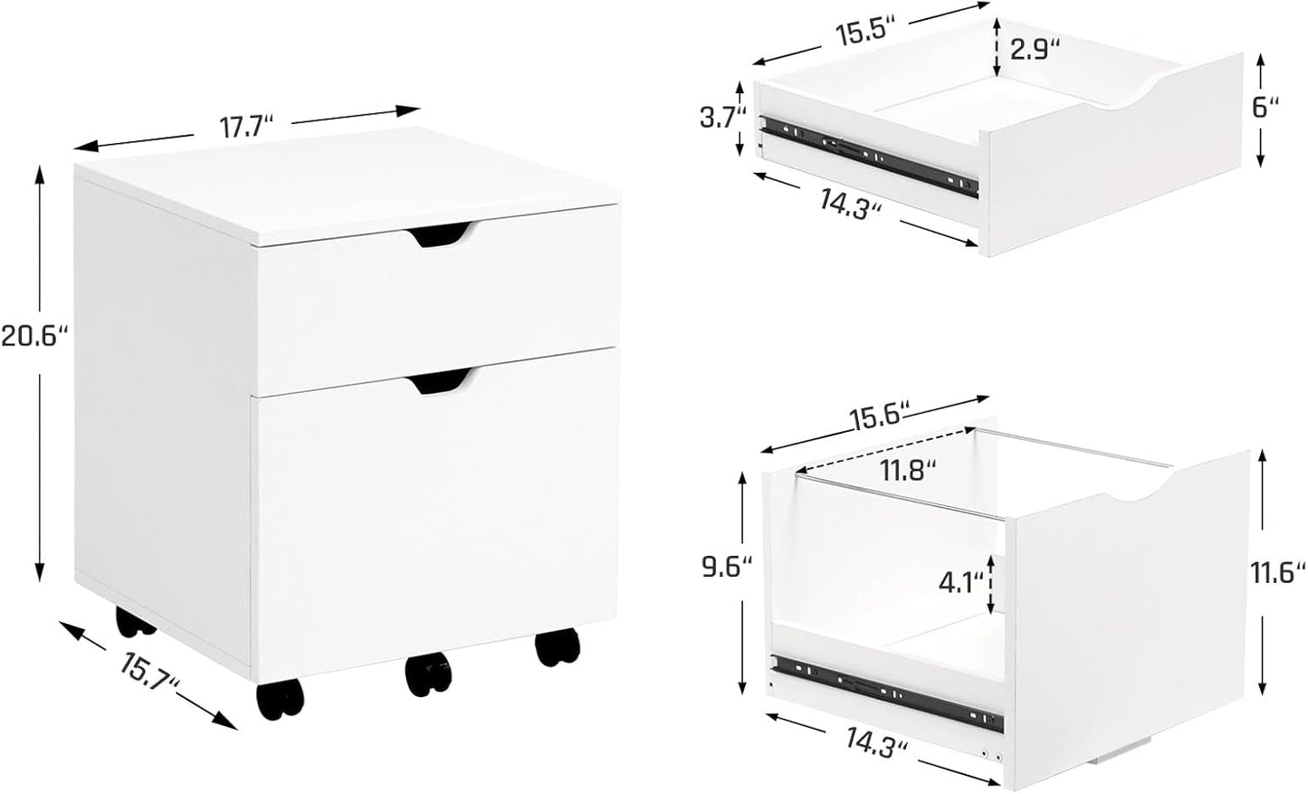 HollyHOME 2-Drawer Wood File Cabinet, Under Desk Cabinet for Home Office, Rolling Storage Shelf for Home, Printer Stand, for A4, Letter-Size, 11.8in Hanging File Folders, White